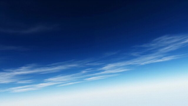 Deep blue sky gradient with wispy cirrus clouds, minimalist atmospheric background and copy space, calm serene mood for nature weather and abstract design use