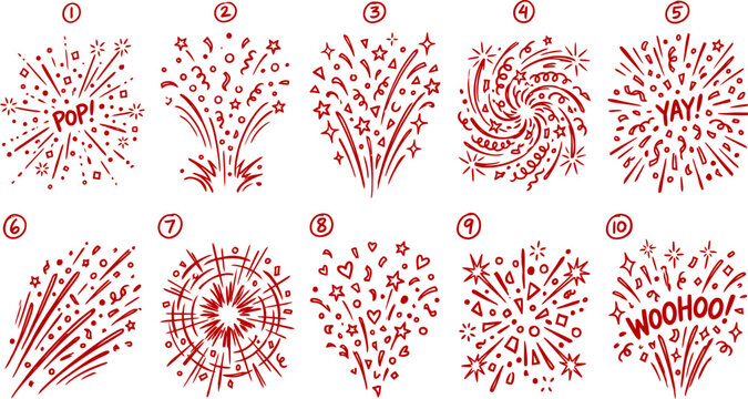 Red hand drawn firework icons set, 10 festive celebration burst vectors, doodle firecracker explosions with confetti and stars for party design