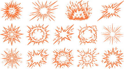 Comic explosion effects set, 15 hand drawn orange starburst and blast icons, vintage pop art boom and flash vector elements for graphic design © SanaMuhyUdDin