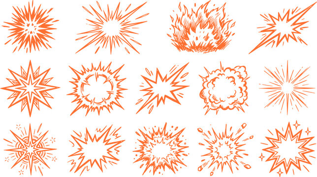 Comic explosion effects set, 15 hand drawn orange starburst and blast icons, vintage pop art boom and flash vector elements for graphic design