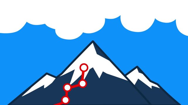 Animated red route on a snowy mountain peak against a blue sky. Perfect for business success, goal achievement, and hiking journeys.