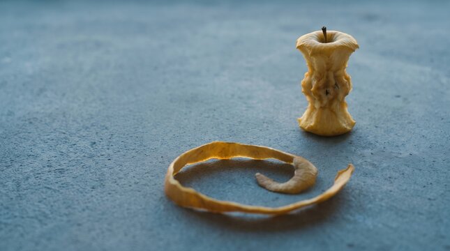 Pale apple core paired with a loose spiral of golden peel across a cool blue textured surface, composed as a quiet minimalist still life with balanced distance, soft depth, and abundant copy space.