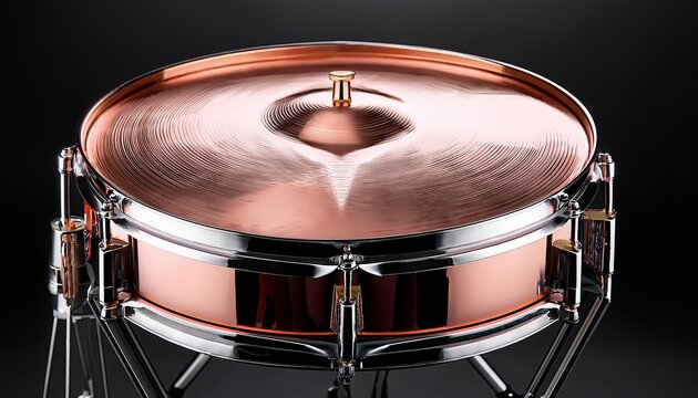 professional timpani with polished rose gold outer shell detailed tension rods and robust black pedestal stand