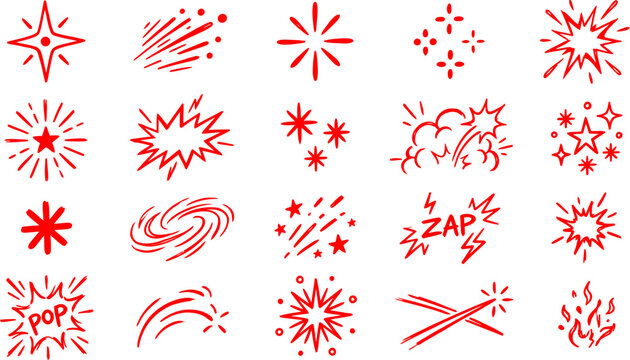 Retro red comic spark icons set, hand drawn starburst and explosion vector elements, vintage pop art flash and zap symbols for graphic design