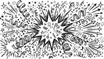 Hand drawn comic explosion with confetti and stars, black and white doodle burst vector, festive party celebration background © SanaMuhyUdDin