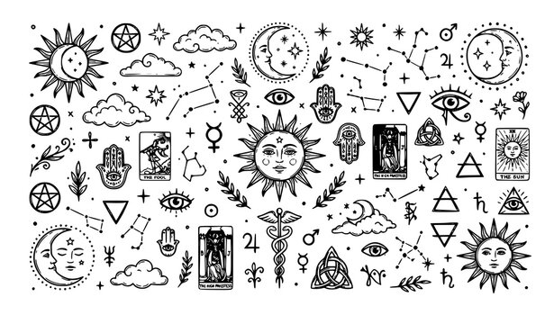 Boho Mystic Doodle Set Sun Moon Stars Clouds Esoteric Hand Drawn Vector Elements