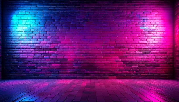 grunge interior background with pink and purple neon lights brick wall background neon light blue and purple rays futuristic abstract background