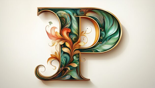 elegant swirled letter p with floral leaf design on white background