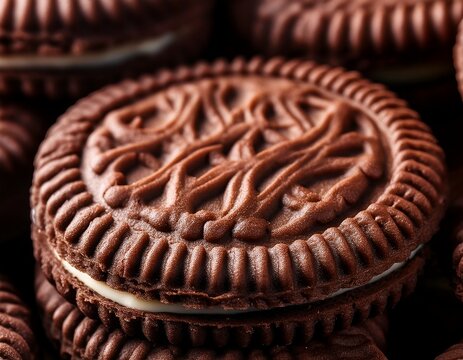 extreme macro chocolate cookie texture with creamy filling detailed food background