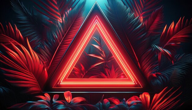 black and red triangle neon light tropical jungle floral background