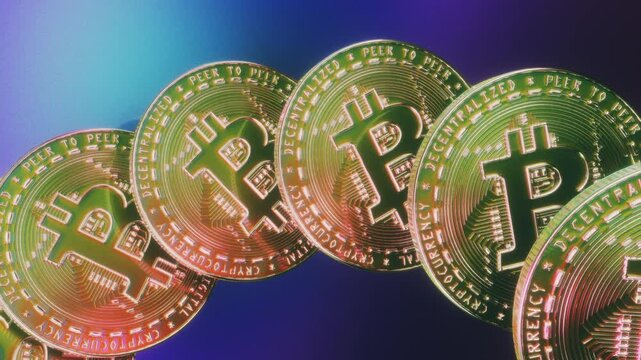Iridescent green gold bitcoin coins tilted in a row on deep blue purple background as a seamless loop ideal for blockchain conferences or web3 fintech pitch decks