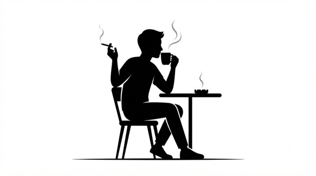 Silhouette of a man sitting at a table drinking coffee and smoking a cigarette