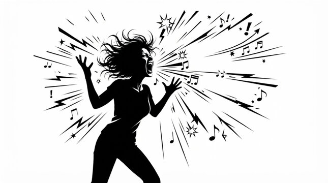 Silhouette of an expressive woman singing loudly with musical notes