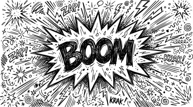 Comic book boom explosion vector, hand drawn pop art sound effect with zap and krak text, black and white sketch style action background
