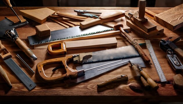 a variety of woodworking tools such as saws chisels and clamps neatly arranged on a workshop bench