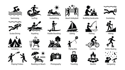 Obraz premium 24 Summer Vacation Activities and Outdoor Sports Solid Black Pictogram Icon Set