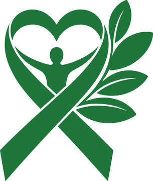 Green ribbon logo with heart and leaves symbolizing health, wellness, and eco-friendly living.