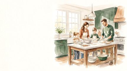 Fototapeta premium Family cooking together in modern kitchen, preparing dough with bowls and utensils on table
