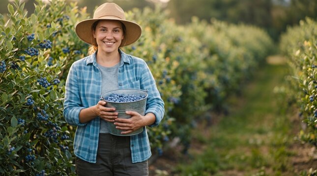 Blueberry picker portrait holding fresh harvest bucket in fruiting field, vertical seasonal farm work with copy space