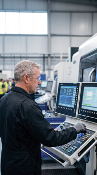 Focused mature engineer operating computer numerical control machine on factory floor
