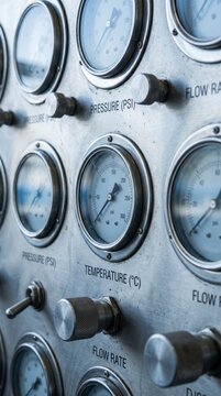 Industrial pressure and temperature gauges labeled on polished steel control panel