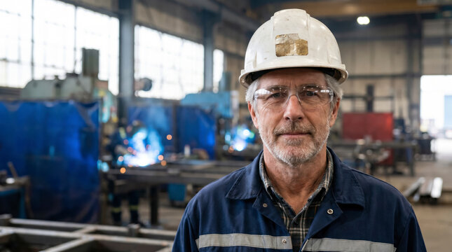 Confident senior welder wearing hard hat and glasses in metal fabrication workshop
