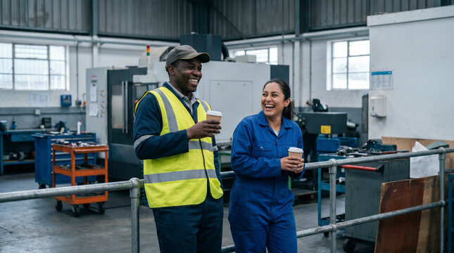 Cheerful diverse coworkers holding coffee during break in engineering machine shop