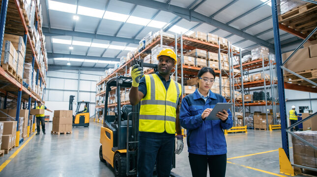 Warehouse team communicating near forklift while managing stock in logistics center