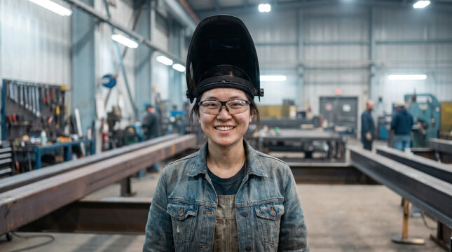 Confident young welder smiling with lifted mask in bright steel fabrication shop