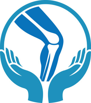 A blue graphic of hands cradling a knee joint in a circle, symbolizing care and support for knee health and injuries.