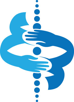 Blue hands forming a circular symbol with beads on a white background, representing unity and wellness.