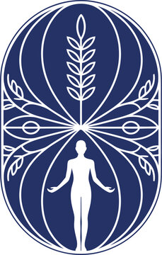 A serene white silhouette of a person surrounded by a blue floral design with leafy patterns.