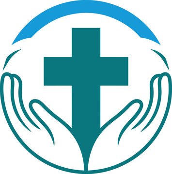 Teal cross symbol with hands in a circle, representing healthcare and protection.