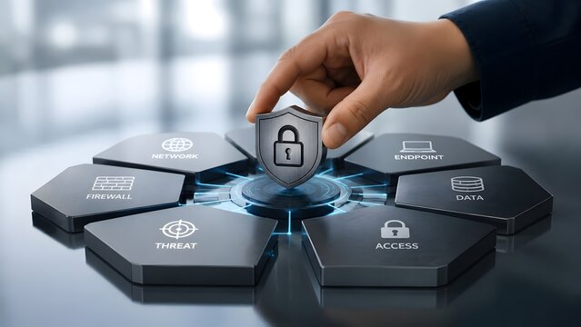 Hand placing security shield in central network hub with cybersecurity infrastructure icons for data protection and threat access control