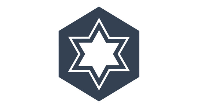White Star of David symbol inside dark hexagon.