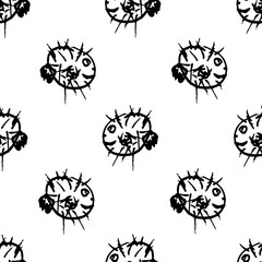 Seamless pattern with hand drawn puffer fish in doodle style. © TextureTextileLab