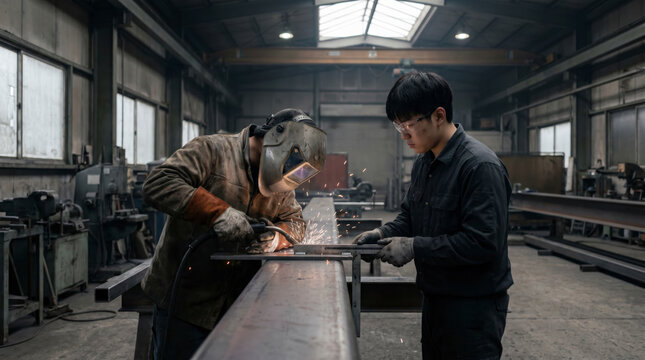 Focused welder and apprentice joining steel beam with sparks in metal fabrication workshop