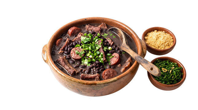 Feijoada brasileira tradicional servida em cumbuca de barro com acompanhamentos PNG Isolated on transparent background