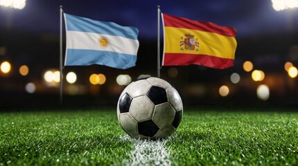 Fototapeta premium Classic soccer football ball on stadium white line with blurred flags of Argentina and Spain waving in background night lights