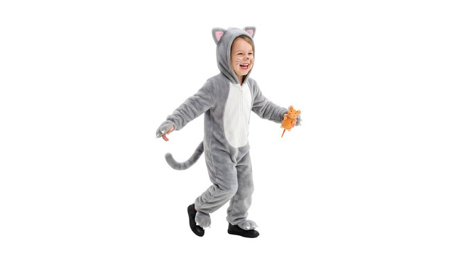 Menina feliz fantasiada de gato segurando um ratinho de pel&uacute;cia PNG Isolated on transparent background