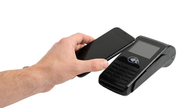 Hand holding smartphone near payment terminal for contactless transaction PNG Isolated on transparent background