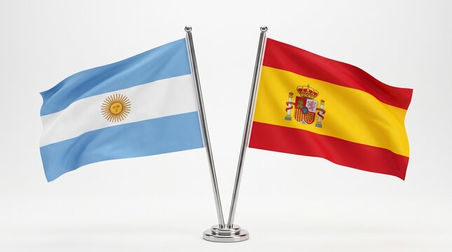 Small table desk flags of Argentina and Spain on metallic stands isolated over clean white background