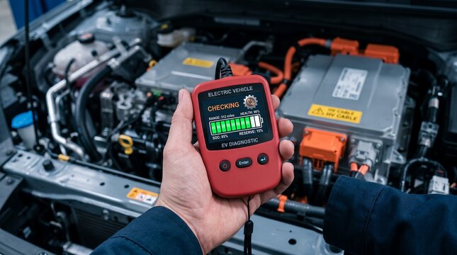 A hand holds a red diagnostic device checking the electric vehicle's battery charge and health status within the car's engine compartment automobile technology modern display