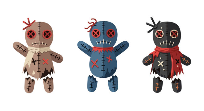 Three Voodoo Dolls with Red Scarves and Stitches on White Background