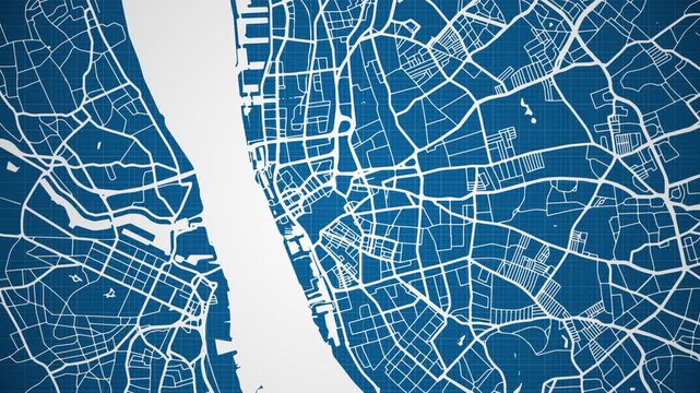 Ink reveal animation of Liverpool city, Merseyside, England, United Kingdom, grid map. Aerial top view. Blueprint style. White lines with blue background. 4K Seamless loop.