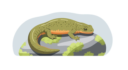 Fototapeta premium Green Newt Lizard on Mossy Rock, Amphibian Wildlife Illustration, Pixel Art Style