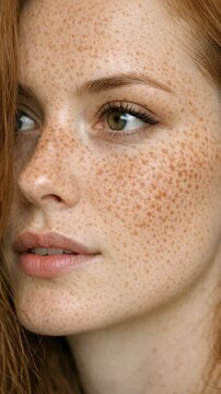 A close-up portrait of a young woman with freckled skin and brown eyes looking slightly away from the camera.