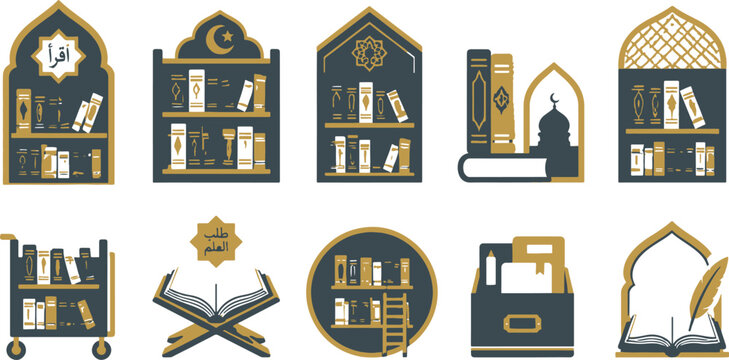 Islamic library icons with books and symbols.