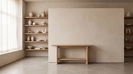 Fototapeta premium Minimalist interior with shelves displaying ceramic vases and a wooden console table
