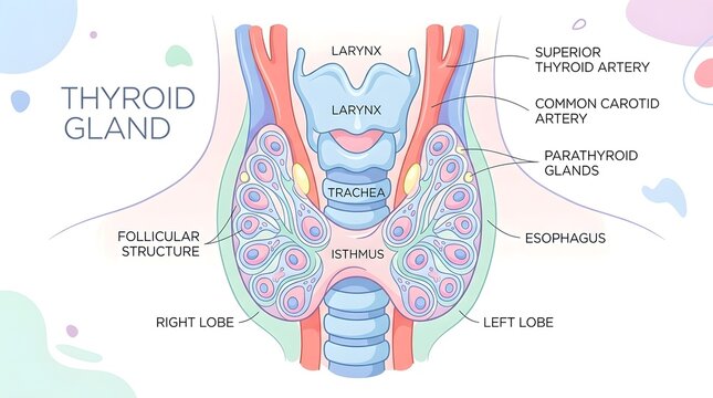 Detailed anatomical illustration of the human thyroid gland and surrounding structures.